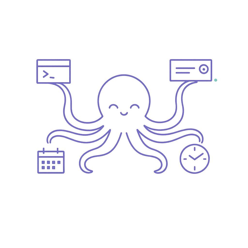 OctoSpark octopus mascot reaching toward a terminal, an X post, a calendar, and a clock