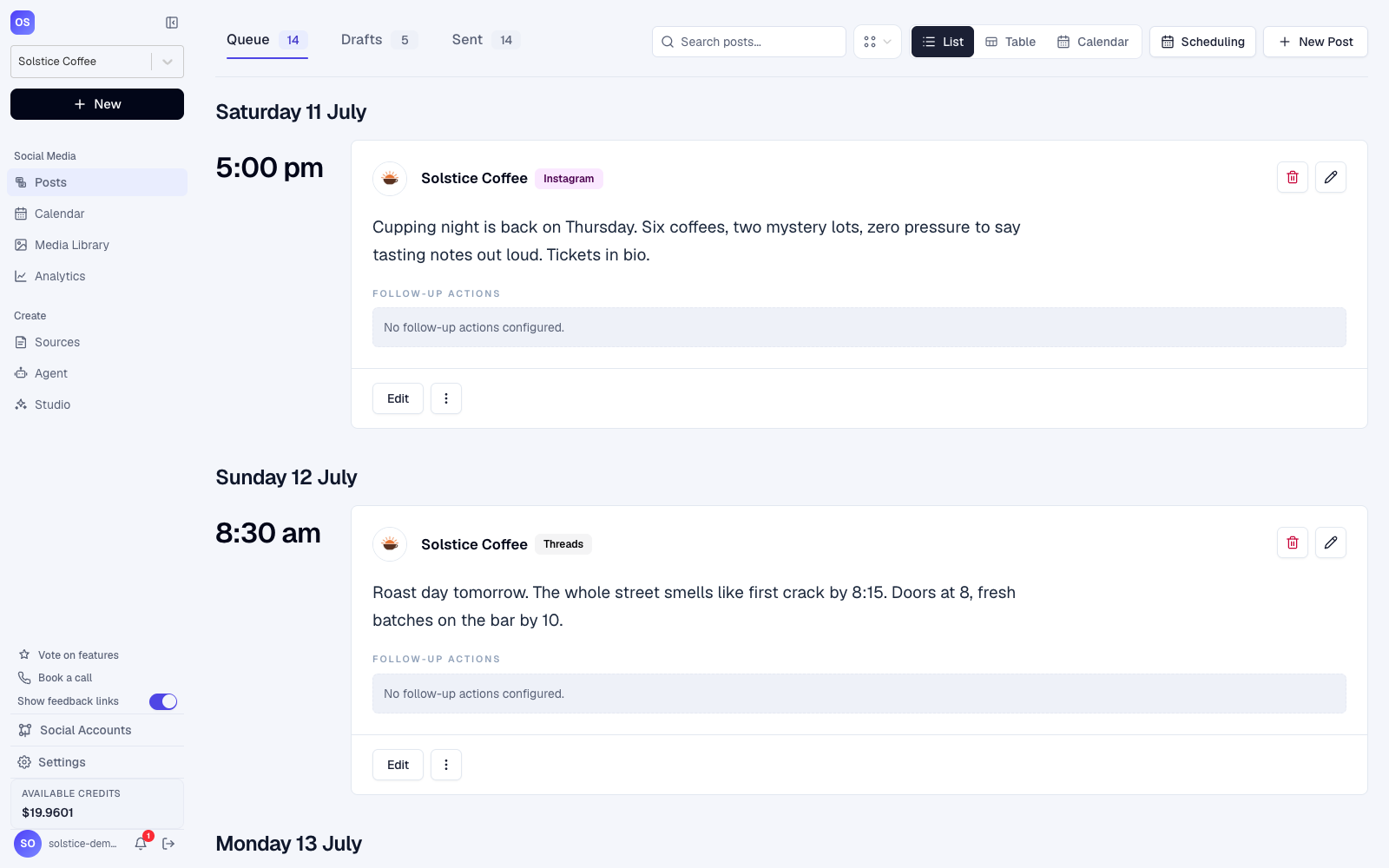 The OctoSpark posts queue view